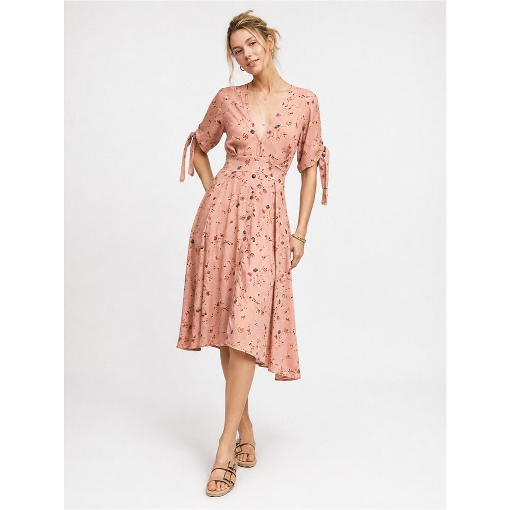 Faithfull the Brand Salina Floral Midi Dress Pink Tie Sleeve Size 6
